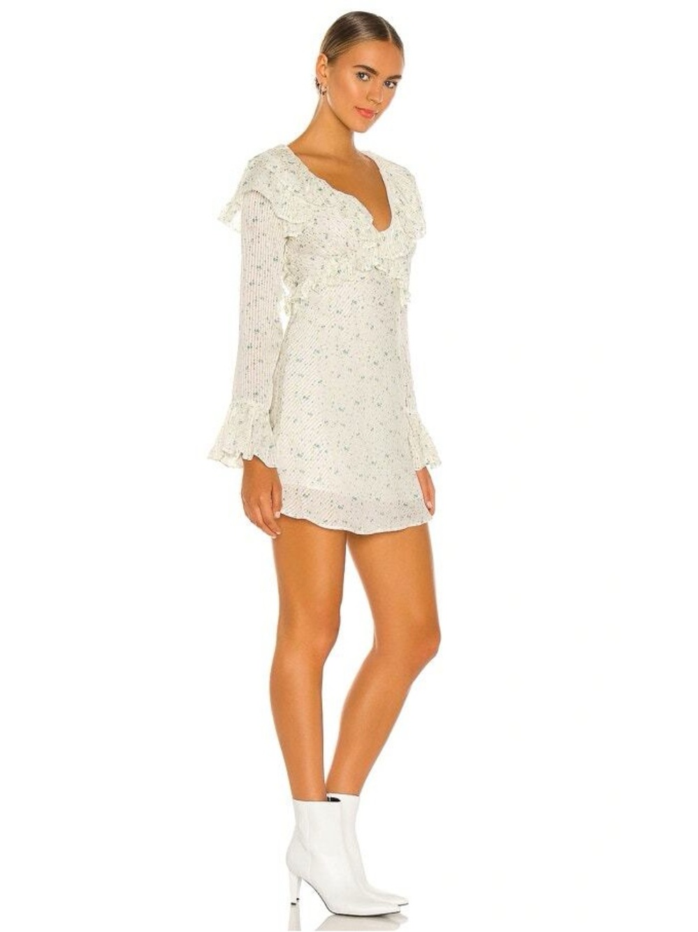 Free People Sweetest Thing Cream Ruffle V-Neck Long Sleeve Mini Dress